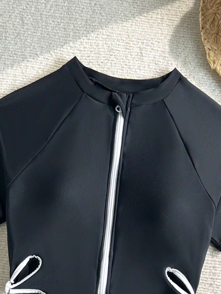 SHEIN 少女黑色镂空连体泳衣，夏季海滩度假 - 黑色 - 查看 4