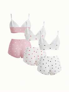 Bonmuse 3pcs/Set Women Solid Heart Print Ruffle Trim Lingerie Bra And Elastic Waist Shorts Pajama Set Two Pieces Set Women 2 Pieces Set, Kawaii - Multicolor - View 2