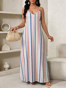 SHEIN Lady Plus Size Women Blue And White Stripe Casual Boho Party Vacation Outing Spaghetti Strap Dress Summer - Multicolor - View 5