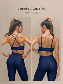 GLOWMODE Áo ngực thể thao có gân lấp lánh, bề mặt bóng, dây đeo điều chỉnh được, mút ngực có thể tháo rời, dây đeo có thể tháo rời, thích hợp cho yoga, pilates, tập luyện nhẹ nhàng và mặc hàng ngày. - Dark Blue - Xem 2