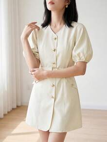 Heiryn Women's Casual V-Neck Bubble Sleeve Belted Short Dress, Minimalist Solid Color, Suitable For Daily, Work Commute, Summer - Yellow - View 4