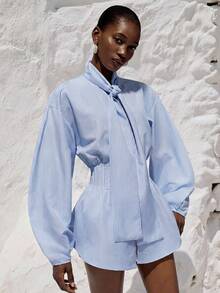 Aveloria Modichic Camisa azul cielo de estilo francés elegante, holgada, con mangas cortas acampanadas, lazo delantero y pliegues, adecuada para el trayecto al trabajo y citas en primavera/verano - Celeste - Ver 3