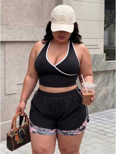 Dewbera Dewbera 大码迷彩印花二合一运动短裤短裤毛衣短裤