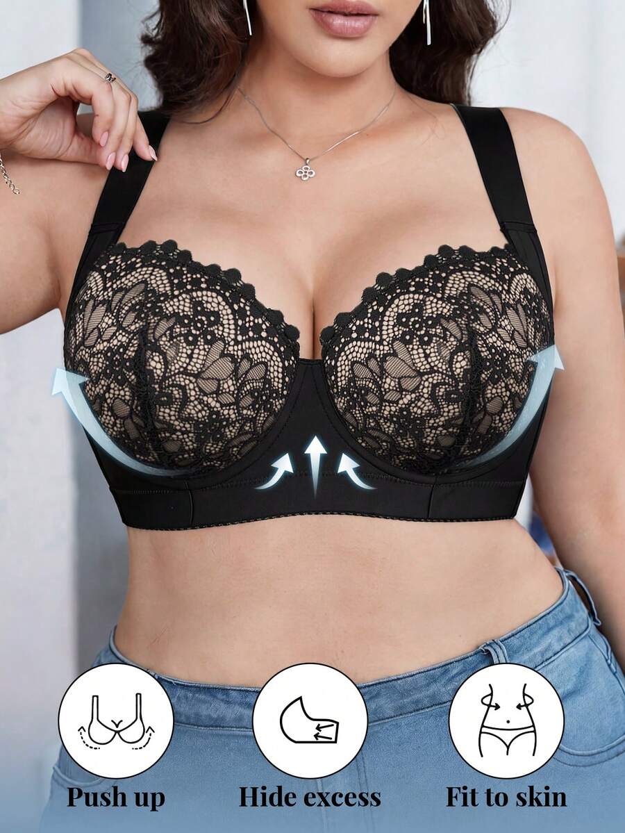 DesireSculpt 1 pieza Sujetador sin costuras, cómodo, con parches de encaje, de talla grande, ajustable y con soporte - Multicolor - Ver 1