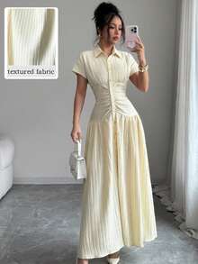 Modelyn Vestido largo con cuello, plisado y a rayas, de diseño francés para mujeres - Amarillo claro - Ver 1