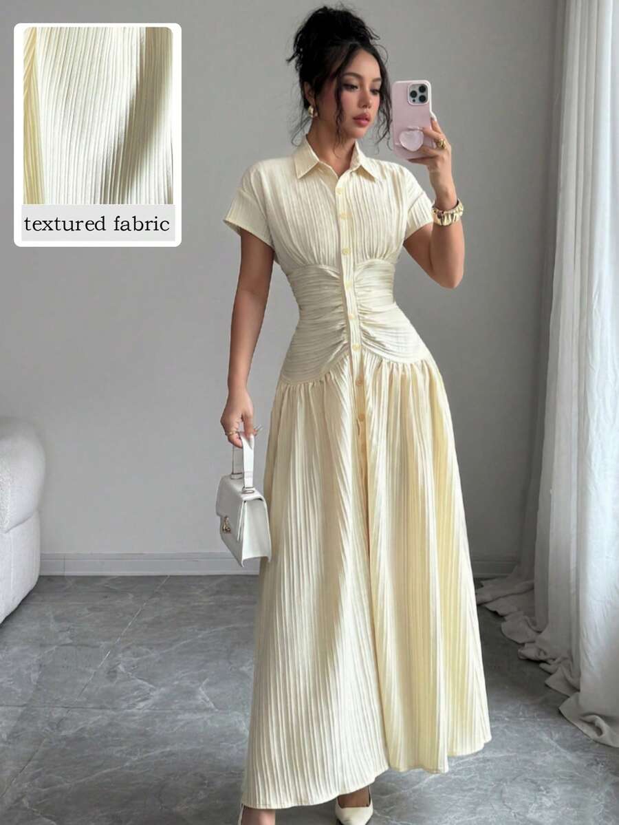 Modelyn Vestido largo con cuello, plisado y a rayas, de diseño francés para mujeres - Amarillo claro - Ver 1