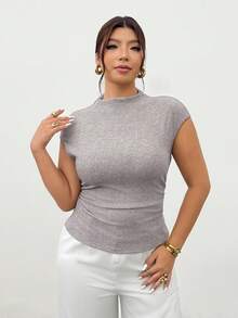 Firerie Damen Große Größen Top mit hohem Kragen, gerafften Ärmeln und figurbetonter Passform, Rippstrick Bluse mit elastischem Rüschentaille, schlanke Passform, vielseitig einsetzbar als Layering-Teil, geeignet für Frühling, Sommer, Herbst und Winter, elegant, für den Büroalltag, Lässig, Minimalistisch, Büromode - Khaki - Übersicht 4