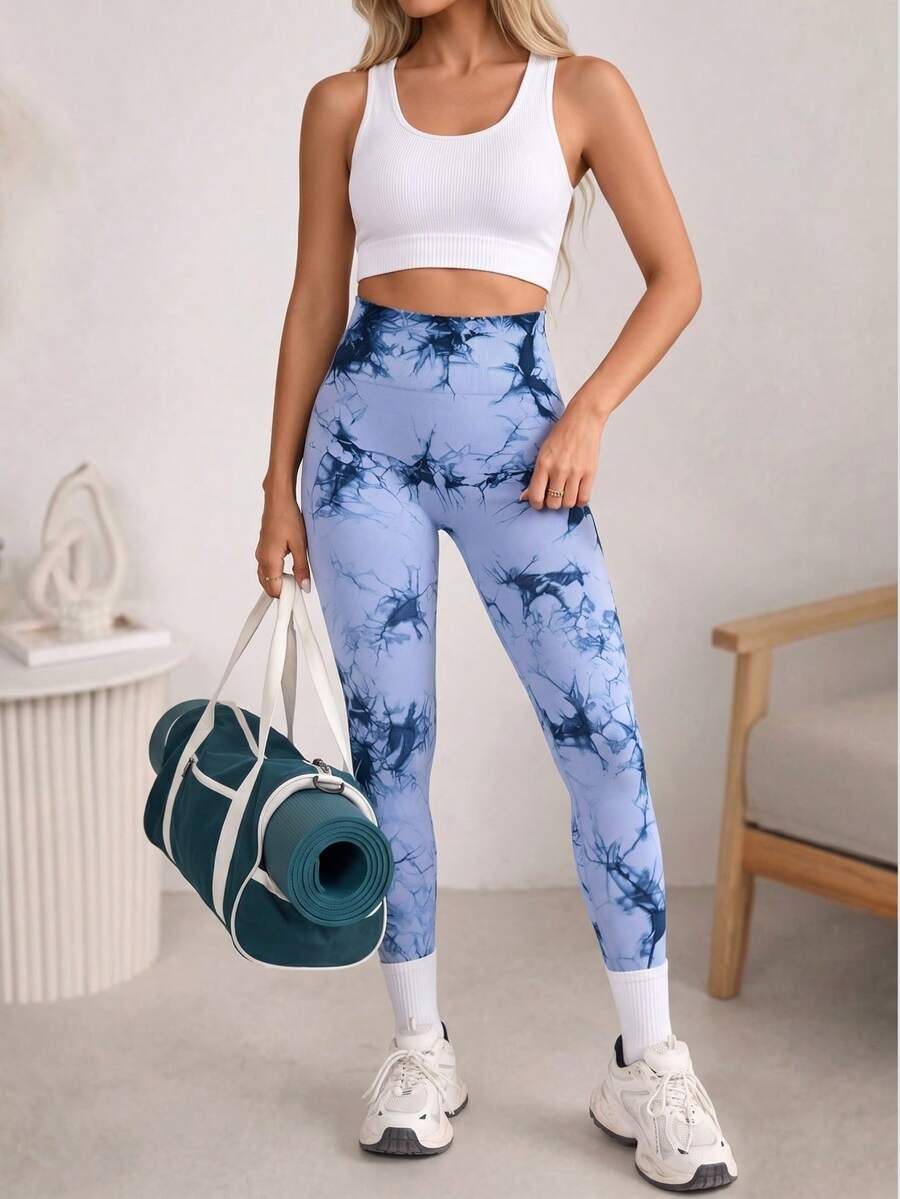 Quần legging thể thao liền mạch cạp cao nhuộm màu loang dành cho nữ tập yoga - Màu xanh lam - Xem 1