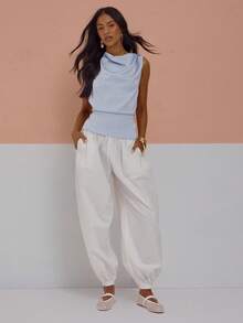 MUSERA Quần ống rộng bằng vải cotton poplin, có chun co giãn, xếp ly ở gấu quần, kiểu dáng gợi cảm, dễ thương, thích hợp cho mùa xuân hè, đi nghỉ mát, đi chơi, phong cách nữ tính, cá tính. Có thể mặc khi trả phòng muộn. - trắng - Xem 1