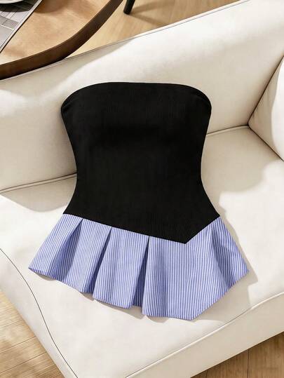 SHEIN Franclia Áo ống nữ màu trơn dệt kim phối sọc bất đối xứng kiểu dáng thường ngày mùa hè