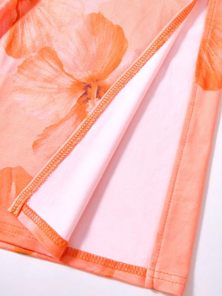 SHEIN Đầm maxi dáng ôm màu cam dệt kim không tay, lưng chéo, in hoa, dành cho thiếu nữ, thích hợp mặc đi nghỉ mát, mùa xuân/hè. - trái cam - Xem 5