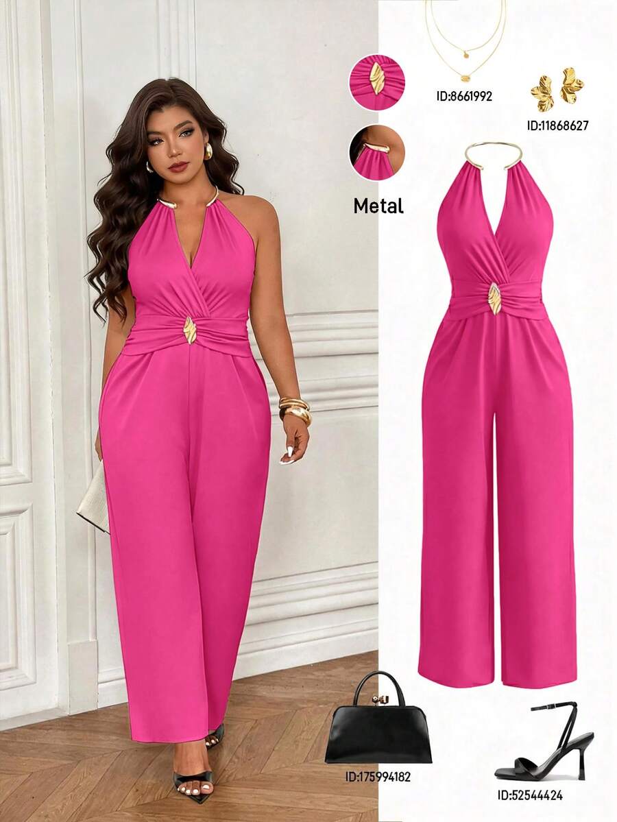 Femmeverse Jumpsuit Panjang Tanpa Lengan Leher V Seksi Tanpa Punggung untuk Wanita Ukuran Plus - Hot Pink - View 1