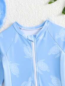 SHEIN GraphicGems 男婴新款长袖拉链印花防晒泳衣 - 藍色 - 查看 3