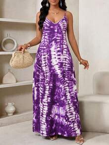 SHEIN Lady Đầm slip nữ kiểu tie-dye có túi, thích hợp cho kỳ nghỉ. - Màu tím - Xem 3