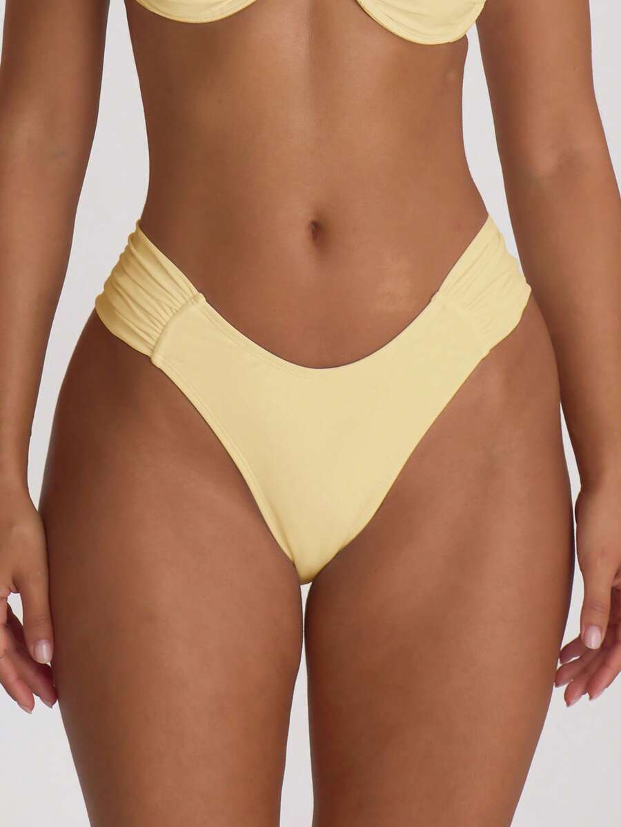 Musera Resort Ruched Side Cheeky Fit Bikini Bottoms Swim Vacation Holiday Summer Travel Beachwear Basics Solid Colour Swimwear Resort Core - Yellow - View 1