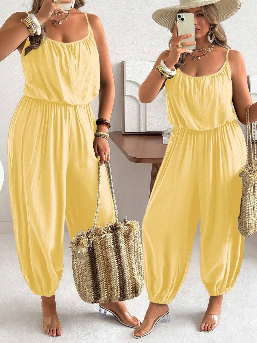 Mono de pierna ancha plisado elegante y casual de unicolor para tallas grandes - Amarillo - Ver 1