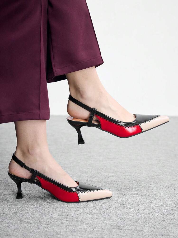 CUCCOO BIZCHIC Women Shoes Fashion Pointed Multi-Color Splicing Building Color Kitten Heel Middle Heel Back Strap Women's High Heel Shoes Daily Versatile Commuter Work Women's Shoes
