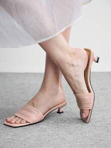 CUCCOO BIZCHIC 春夏新款户外女士粉色绑带方头露趾高跟凉鞋，法式细高跟裙摆拖鞋，夏季鞋履 - 粉色 - 查看 4