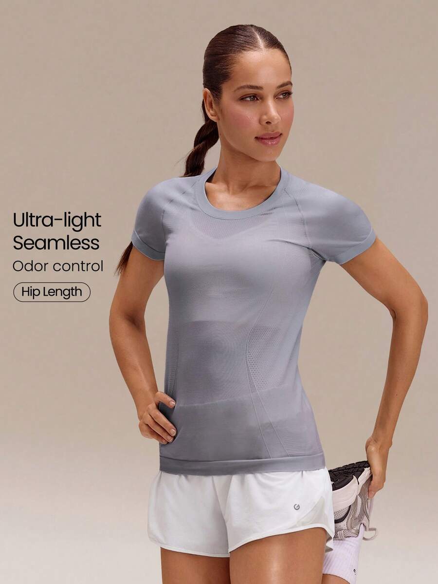 GLOWMODE Seamless Workout Shirt Slim Fit Short Sleeve Sports Tees Gym Athletic Tops Summer - Violet Purple - View 1