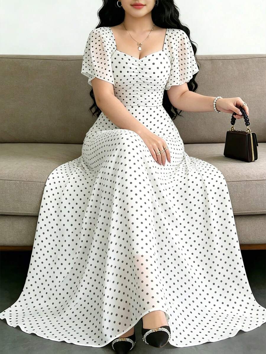 Modelyn 波点印花时尚方领短袖设计大码简约长连衣裙，夏季收腰优雅长裙，适合夏季度假和日常穿着 - 彩色 - 查看 1