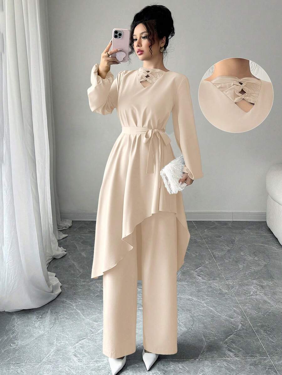 Modelyn 2pcs/Set Women Solid Color Tie-Up Asymmetrical Hem Top And Pants - Apricot - View 1