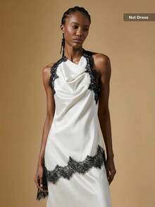 White Elegant Satin Lace Trim Backless Mini Dress For Women, Halter Neck Party Evening Dress - White - View 2