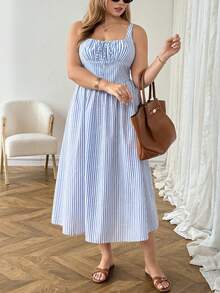 SHEIN LUNE 大码夏季休闲条纹无袖连衣裙 - 藍白色 - 查看 9
