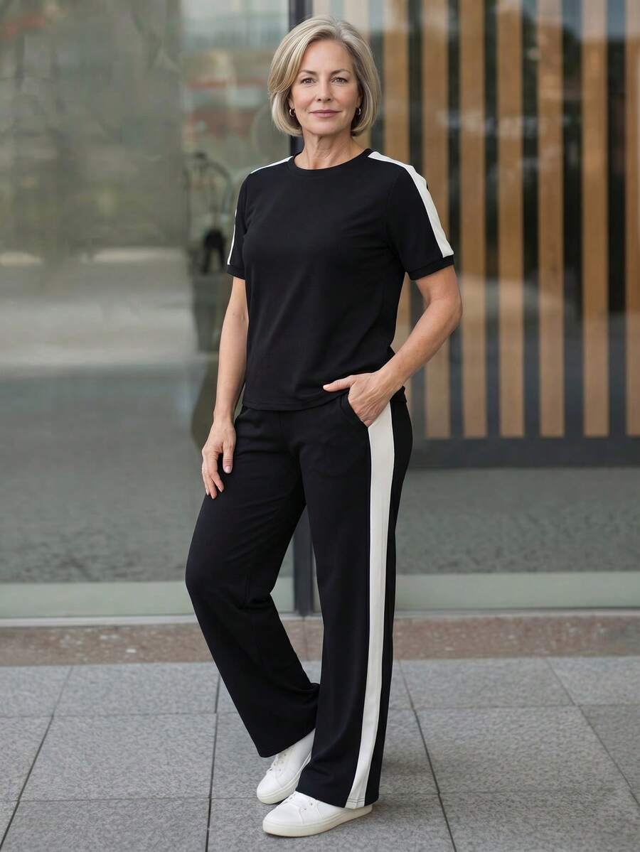 EMERY ROSE Middle-Aged & Elderly Women's Casual Colorblock T-Shirt And Pants Set, Summer - Black - View 1