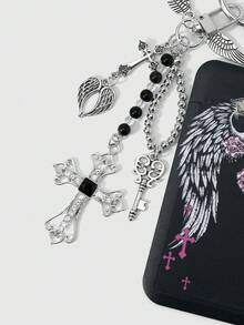 ROMWE Goth 1個Y2k龐克復古個性甜酷重工業暗黑風哥德式黑色樹脂壓克力蝴蝶結音符符號手工串珠CCB圓珠合金花朵古銀色迷你愛心鑰匙亮鑽鏤空十字架惡魔天使羽毛龍翼印花卡片校園卡ID卡套工作卡套星卡套交通卡套DIY鑰匙圈包包吊飾，適合上班族、學生、派對女孩與女性日常配戴，節日禮物 - 黑色-19 - 查看 12