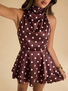 SHEIN BAE Đầm nữ chấm bi, viền bèo nhún, cổ yếm - Nhiều màu - Xem 2