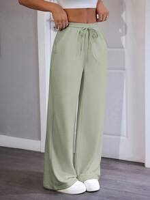 SHEIN PETITE Pantalones de chándal de mujer de punto de unicolor, cómodos y casuales con pierna ancha - verde menta - Ver 5