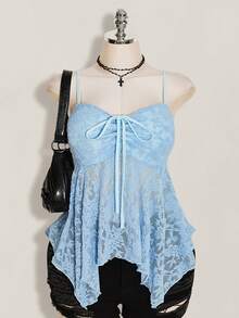 SHEIN ICON Plus Size Solid Color Lace Patchwork Front Drawstring Tie Camisole Top, Asymmetric Hem, Y2K Style, Suitable For Summer - Baby Blue - View 1