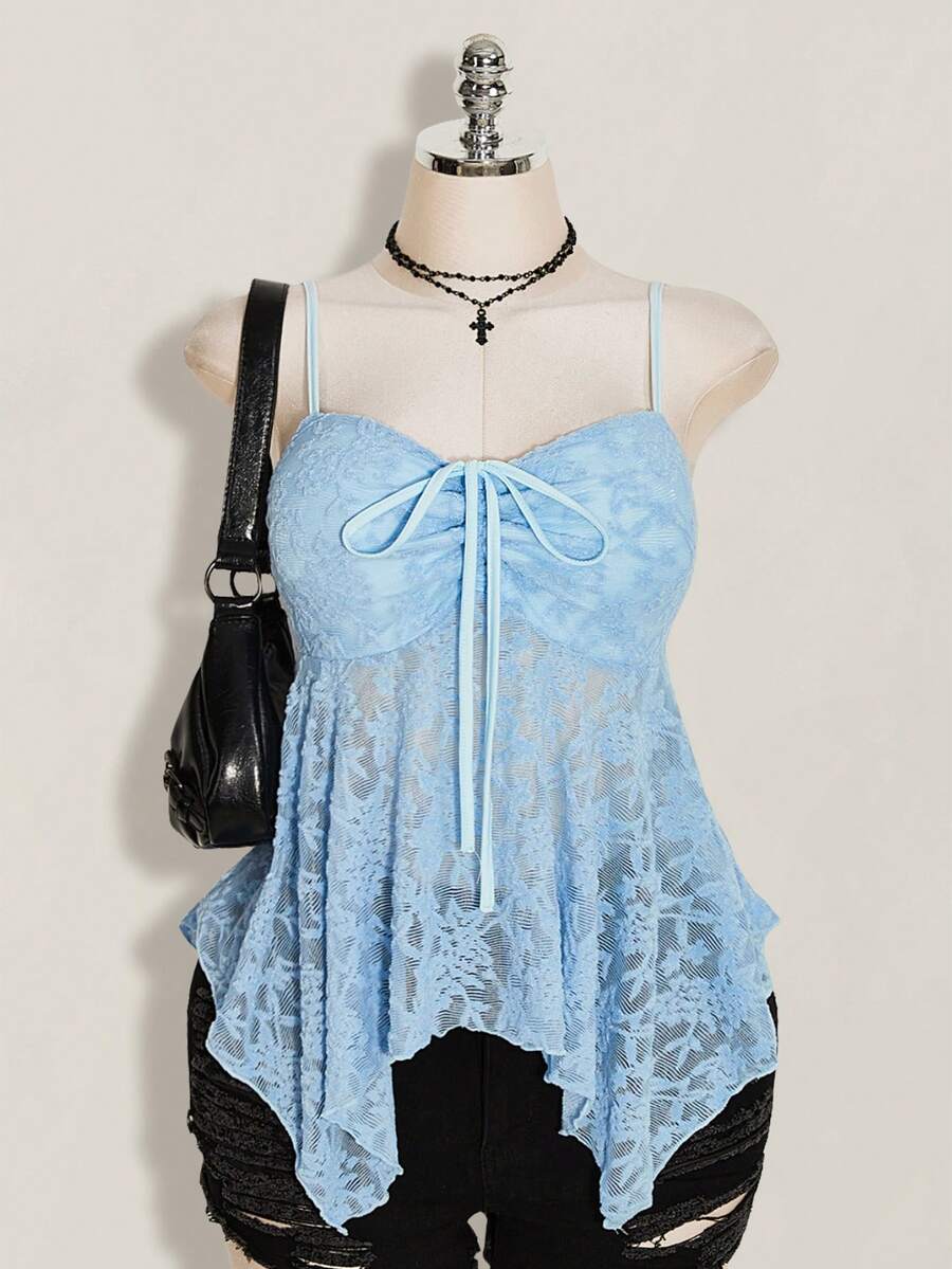 SHEIN ICON Plus Size Solid Color Lace Patchwork Front Drawstring Tie Camisole Top, Asymmetric Hem, Y2K Style, Suitable For Summer - Baby Blue - View 1