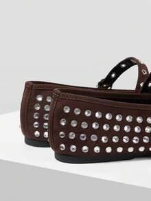 Mnmlis Women's Rhinestone Buckle Shiny Flat Casual Shoes - Coffee Brown - View 3
