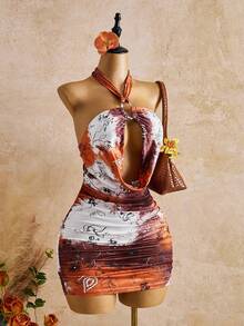 Bellisia Sleeveless Halter Neck Bodycon Mini Dress For Women Orange Textured Pattern With Chain Design And Wrinkles - Orange - View 6