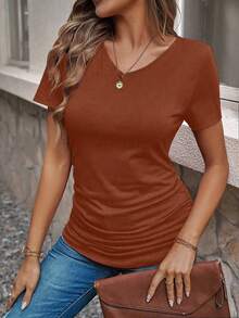 EMERY ROSE Women's Solid Color Tight Fit Short Sleeve T-Shirt, Versatile For Summer Everyday Rust Brown Casual - Brown - View 4