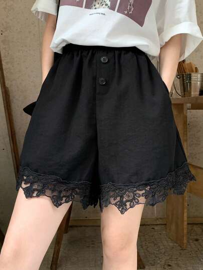 DAZY Contrast Lace Elastic Waist Casual Vacation Summer Shorts For Women