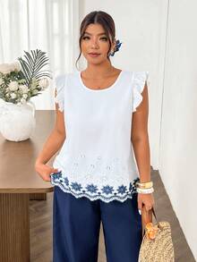 Lounesse Áo kiểu dáng rộng rãi, thanh lịch, họa tiết da báo, tay ngắn, cổ tròn, thắt nơ, phối nhiều mảnh, dành cho người có vóc dáng đầy đặn. - Nhiều màu - Xem 3