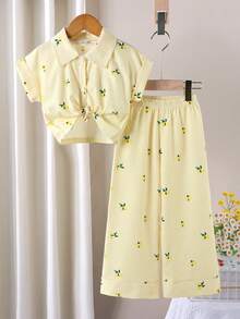 SHEIN Playful Pals Young Girl Summer Lemon Print Set,Short Sleeve Collared Button Shirt & Loose Wide Leg Pants 2 Pieces Set,Gentle & Energetic Fresh Color Outfits - Yellow - View 4