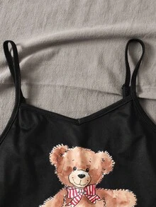 SHEIN Bộ đồ ngủ cho bé gái tuổi teen, áo hai dây ôm sát thoải mái với họa tiết gấu dễ thương và quần cùng họa tiết gấu, thích hợp cho mặc hàng ngày và ở nhà. - màu đen - Xem 4