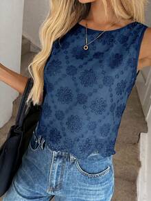 Áo croptop không tay cổ tròn thêu họa tiết dành cho nữ, thích hợp cho kỳ nghỉ. - Màu xanh hải quân - Xem 4