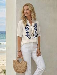Camisa casual versátil de uso diario con cuello en V y estampado de hojas para mujer - Multicolor - Ver 4