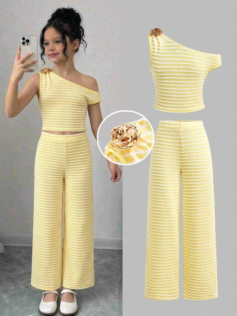 SHEIN Bộ áo và quần legging kẻ sọc lệch vai dành cho bé gái tuổi teen, màu vàng và trắng. - Màu vàng - Xem 1