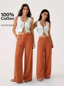 SHEIN PETITE 100% 水洗棉低腰直筒裤 - 紅木色 - 查看 3