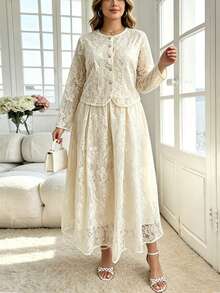 Seusyu White Summer Elegant Tea Party Lace Blouse Paired With Skirt,Long Sleeve Pocket Button Elastic Waist Luxury High-End Plus Size Women 2-Piece Set Fall - Apricot - View 3