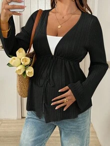 SHEIN 孕妇纯色扭结前襟休闲长袖开衫 - 黑色 - 查看 4