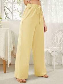 SHEIN Essnce Women's Vacation Casual Solid Color Wide Leg Pants - Light Yellow - View 3