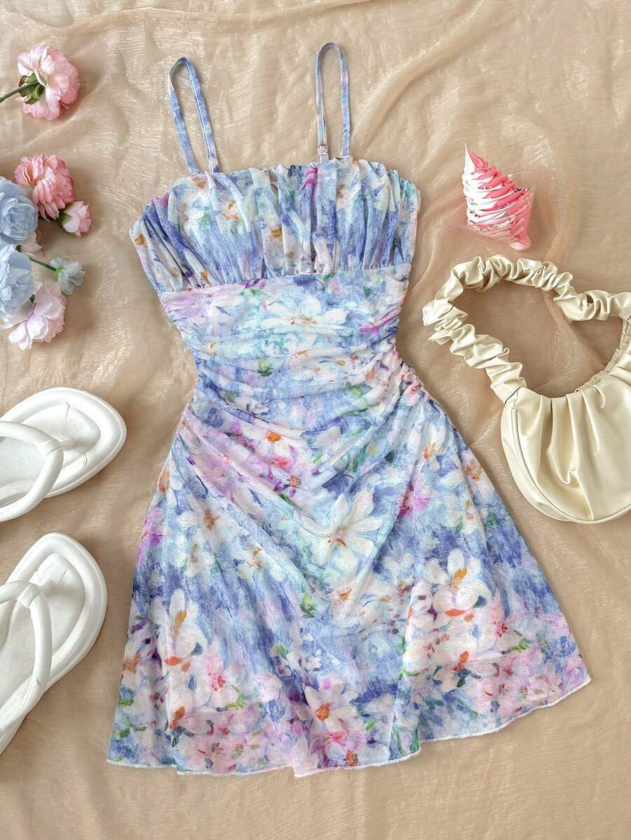 SHEIN 少女夏季海滩度假印花褶皱胸部修身吊带连衣裙 - 藍色 - 查看 1