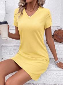 EMERY ROSE Women's Casual Solid Color V-Neck Short Sleeve Dress, Summer - Yellow - View 3