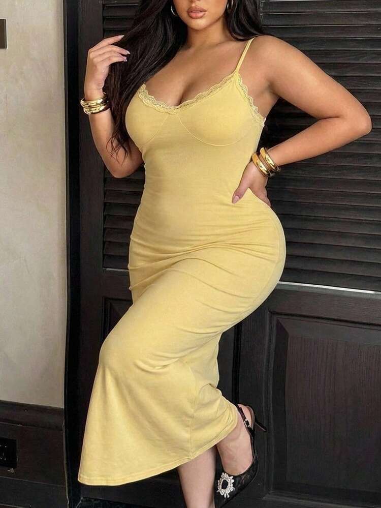 Dazy Plus Stretchy Bodycon Sexy Street Style Lace Collar Elegant Long Camisole Yellow Plus Size Women's Spring/Summer Dress